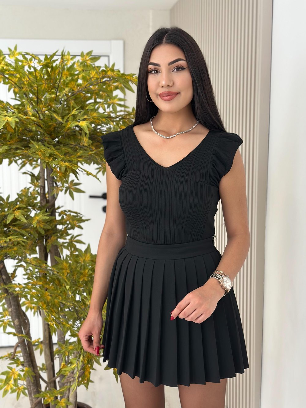 V Yaka Fitilli Merserize Atlet Siyah