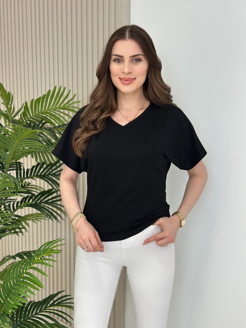 V Yaka Kısa Kollu Modal Tshirt Siyah