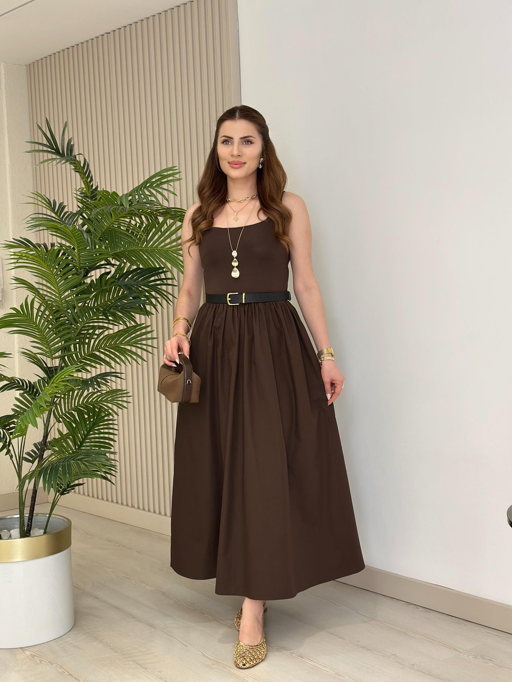 Viola U Yaka Eteği Poplin Elbise Kahve