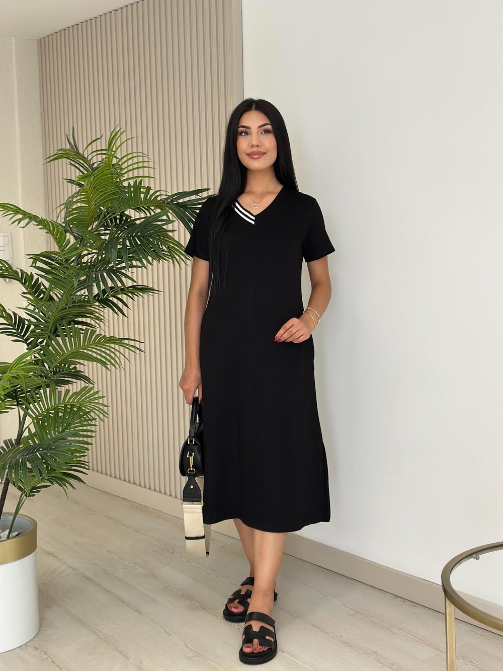 Yakası Çizgili Modal Kumaş Elbise Siyah