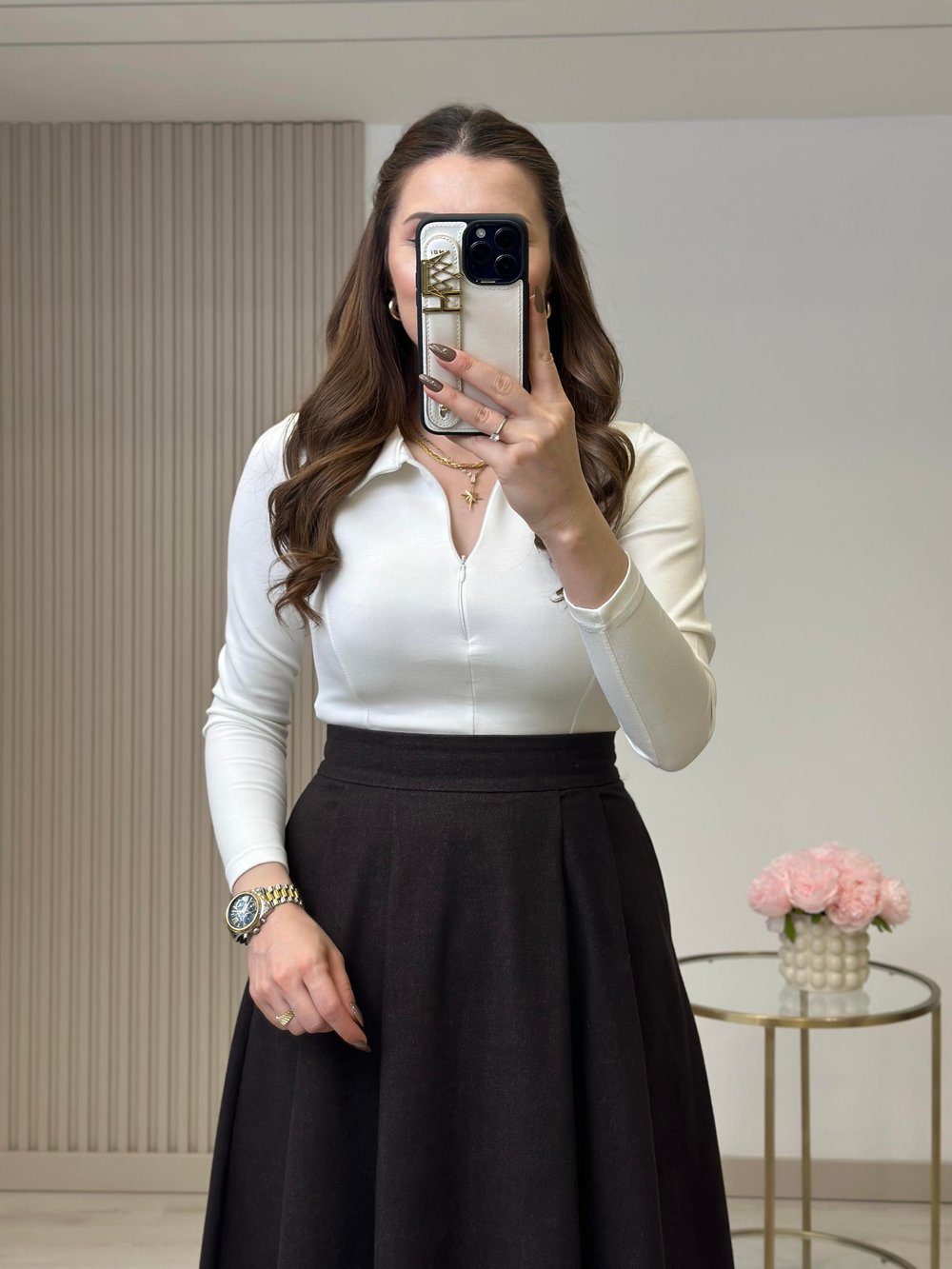 Yakası Fermuarlı Modal Bluz Beyaz