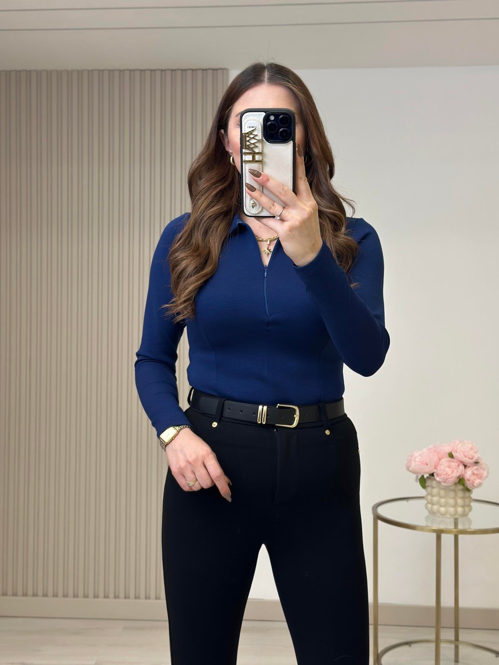 Yakası Fermuarlı Modal Bluz Lacivert 