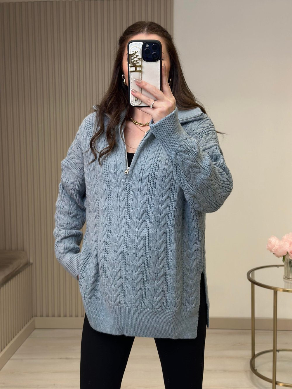 Yakası Fermuarlı Yanlardan Yırtmaçlı Oversıze Kazak Bebe Mavi