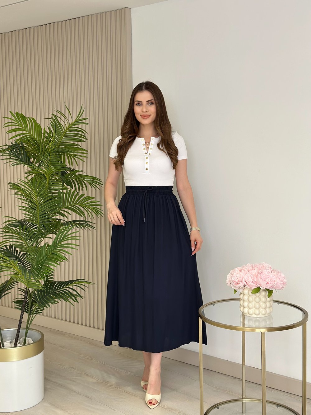 Yakası Gold Çıtçıtlı Fitilli Basıc Tshirt Beyaz