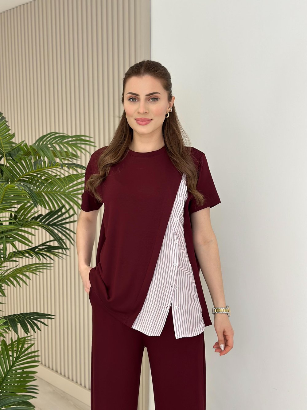 Yanı Gömlek Detaylı Bol Paça Modal Takım Bordo