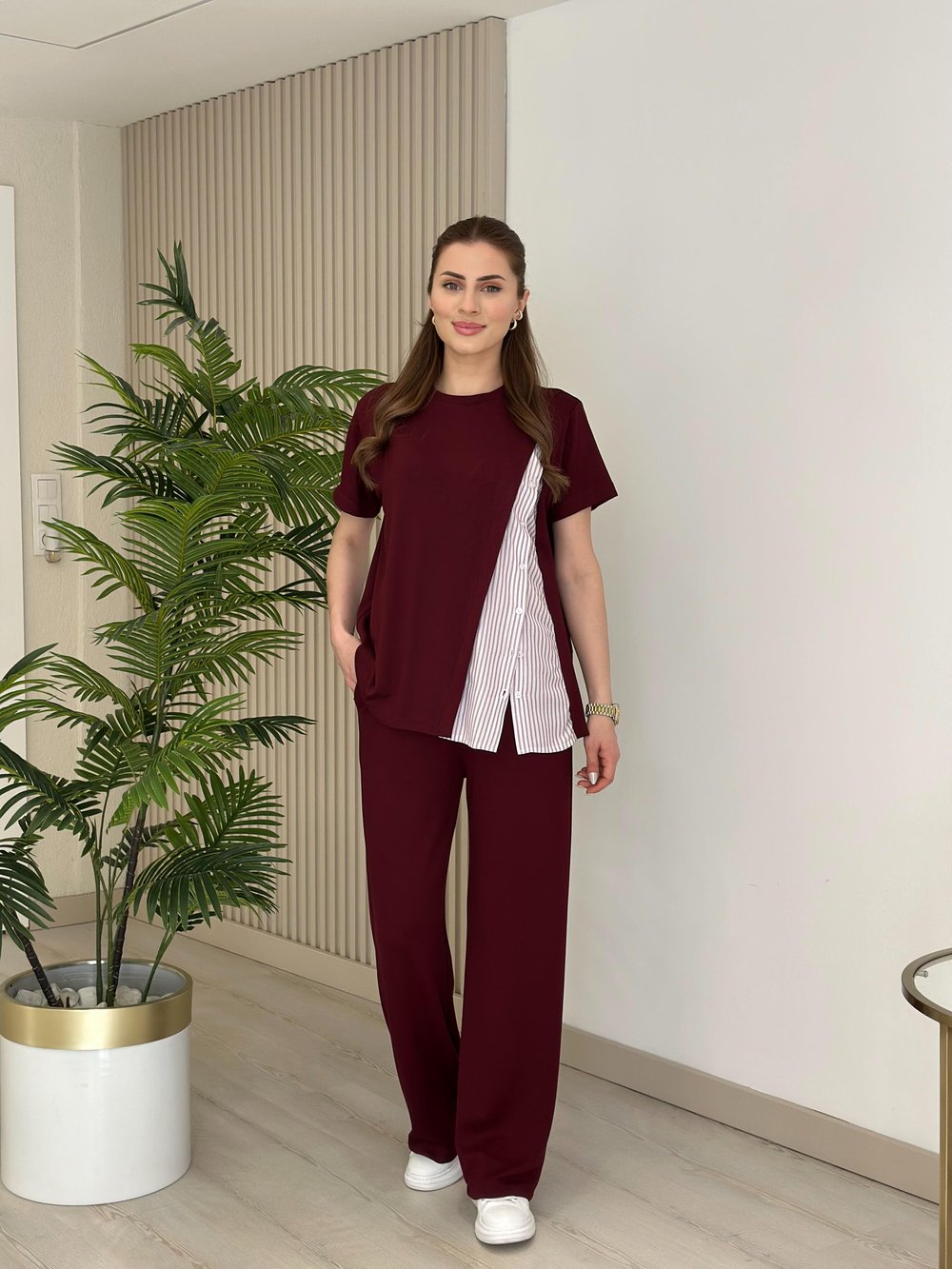 Yanı Gömlek Detaylı Bol Paça Modal Takım Bordo