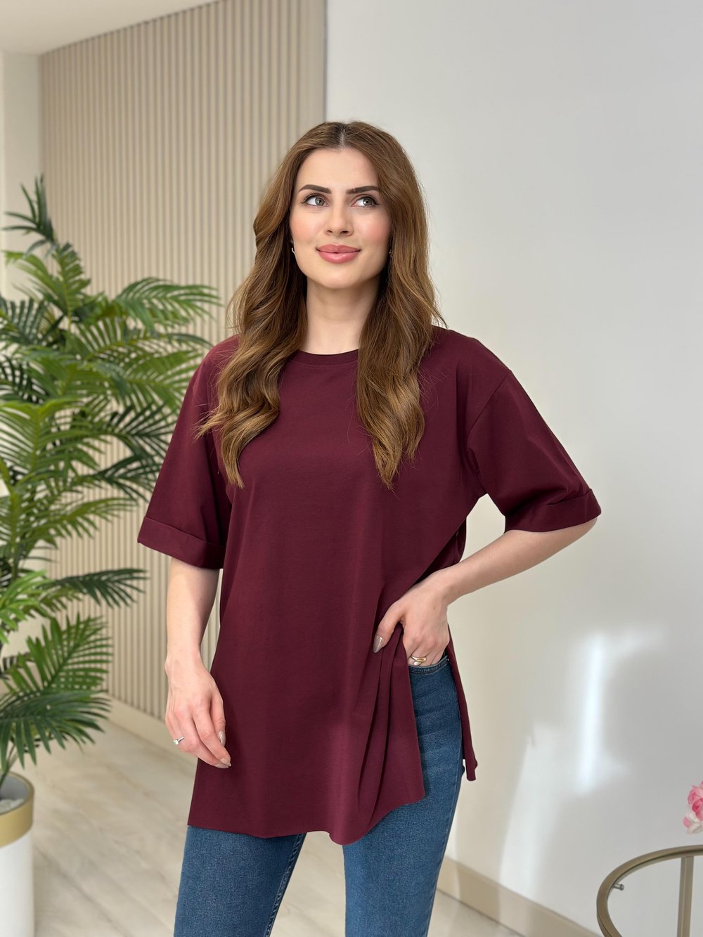 Yanları Yırtmaçlı Oversıze Dubble Kol Tshirt Bordo
