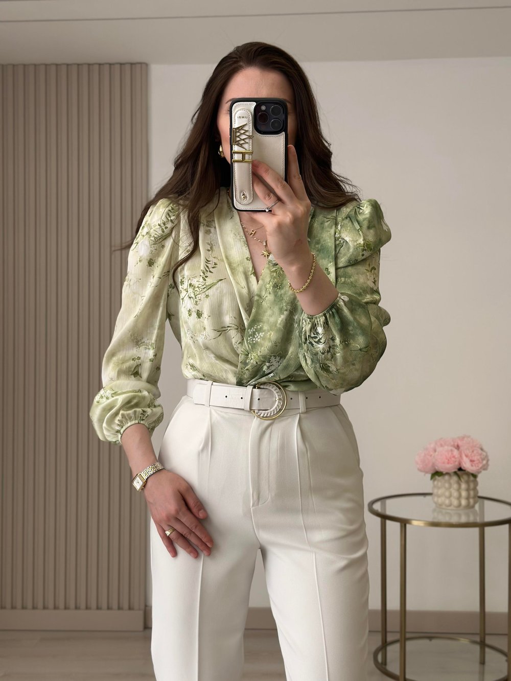 Yeşil Desenli İpek Krep Bodysuit