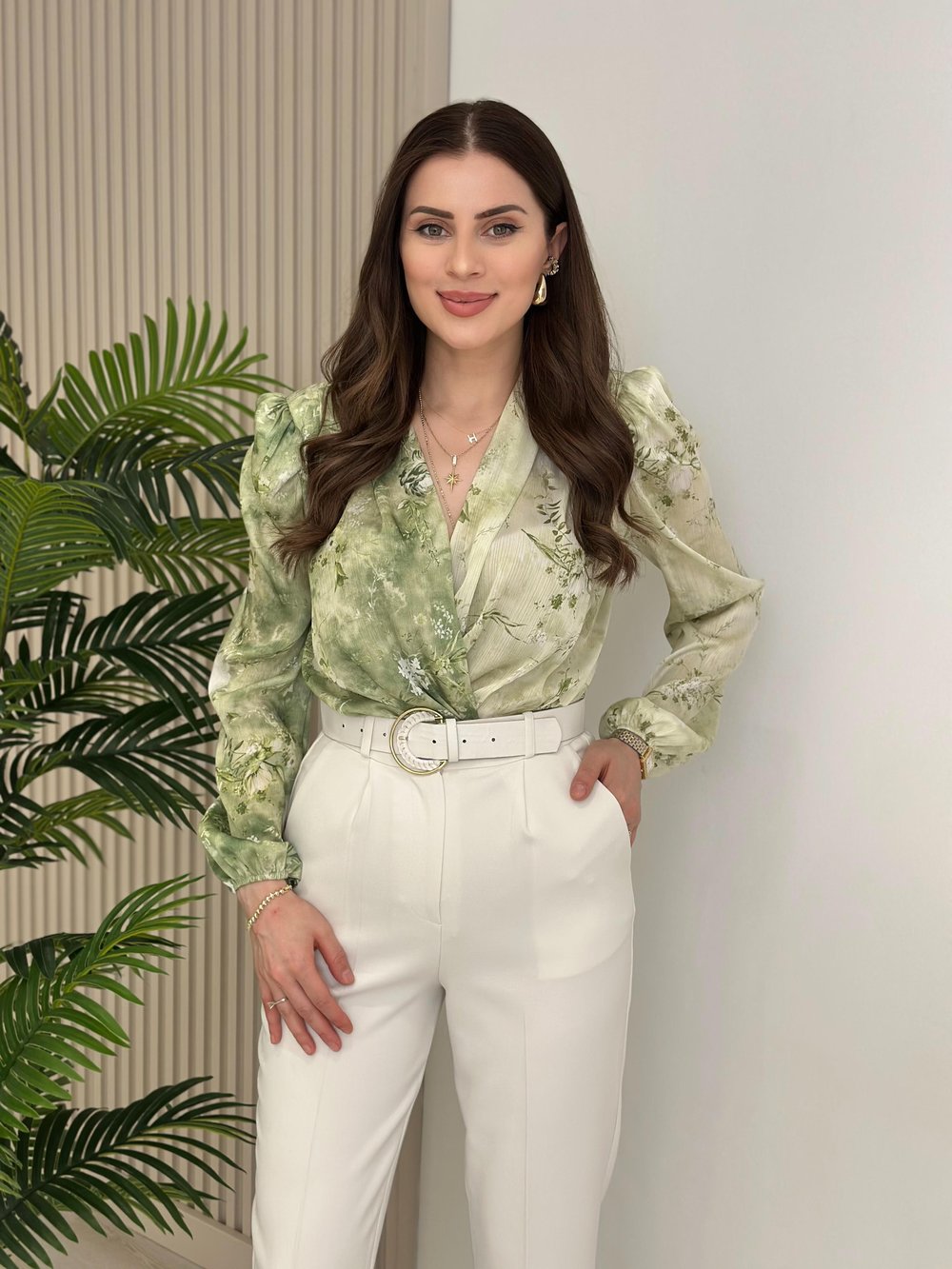 Yeşil Desenli İpek Krep Bodysuit