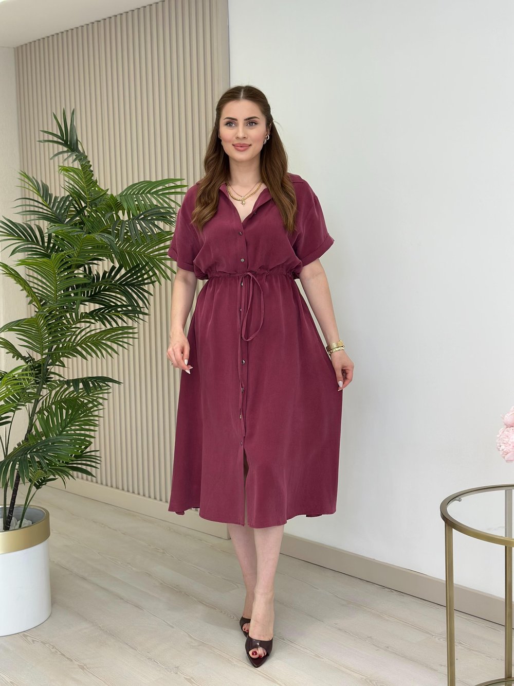 Yıkamalı Tensel Kumaş Beli Bağcık Detaylı Elbise Bordo
