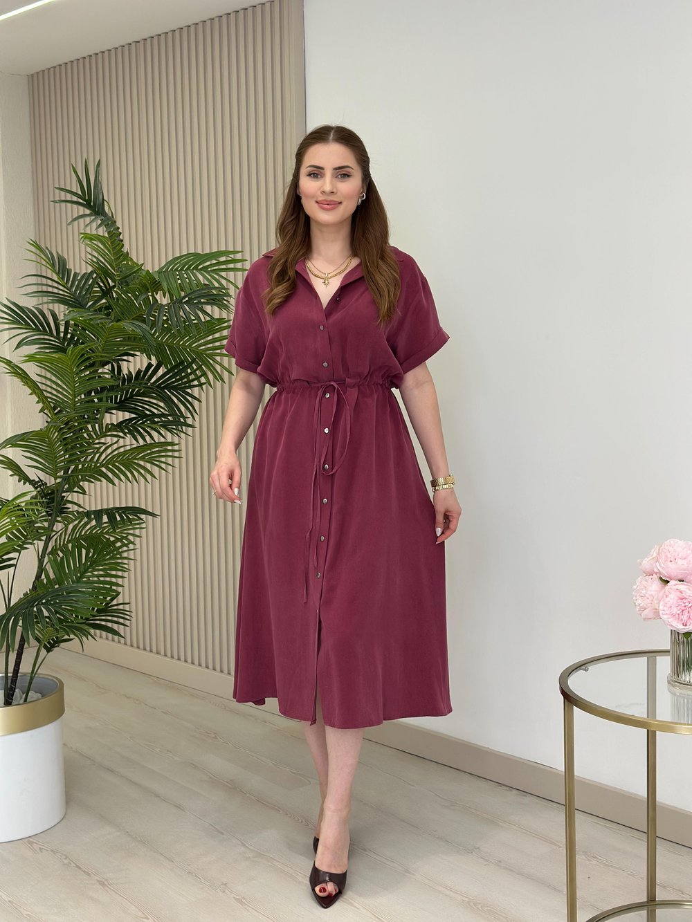 Yıkamalı Tensel Kumaş Beli Bağcık Detaylı Elbise Bordo
