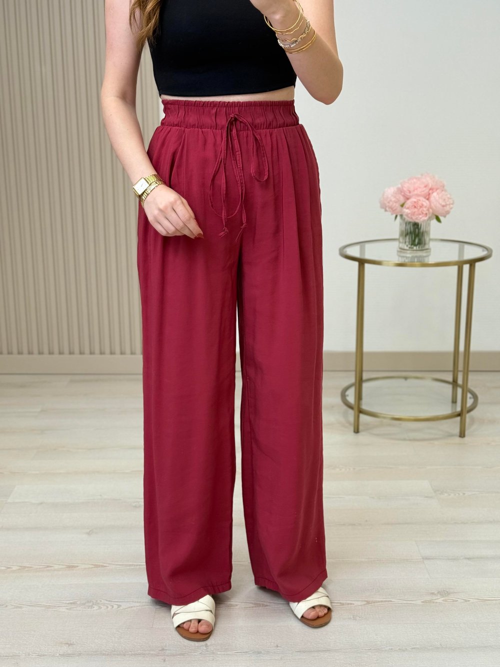 Yüksek Bel Tiril Pantolon Bordo