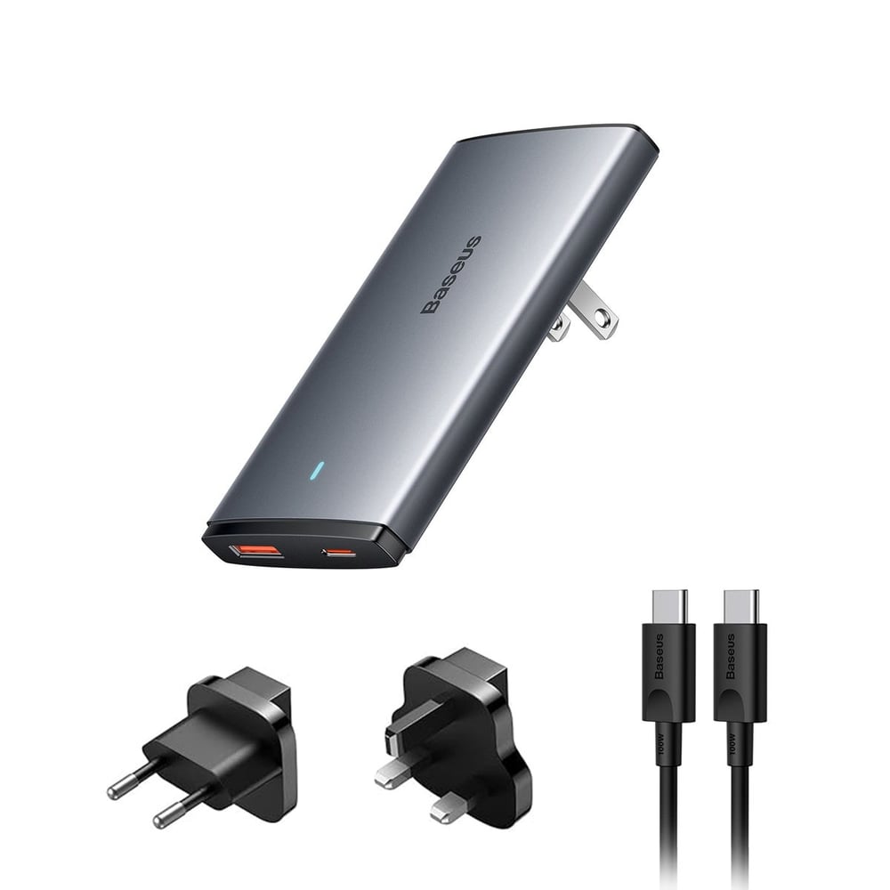 Baseus GaN5 Pro 65W USB-C PD ve USB-A Çıkışlı Ultra İnce Hızlı Şarj Seyahat Adaptörü - Siyah (Türkiye Uyumlu Priz Başlığı)