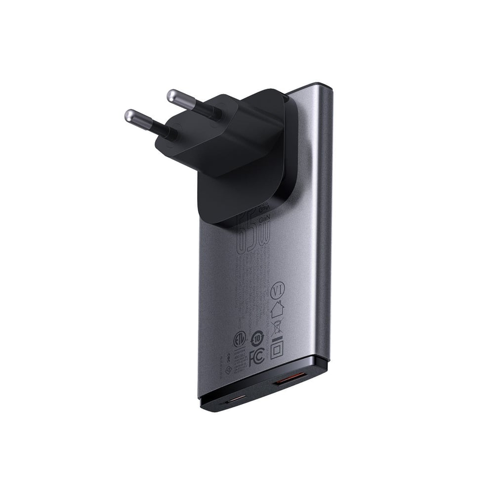 Baseus GaN5 Pro 65W USB-C PD ve USB-A Çıkışlı Ultra İnce Hızlı Şarj Seyahat Adaptörü - Siyah (Türkiye Uyumlu Priz Başlığı)