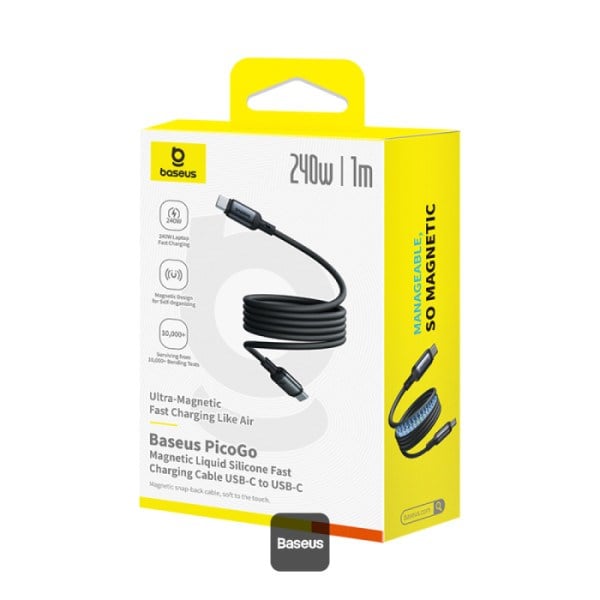 Baseus PicoGo 240W USB-C to USB-C 1 Metre Manyetik Silikon Hızlı Şarj ve Data Kablosu - Siyah