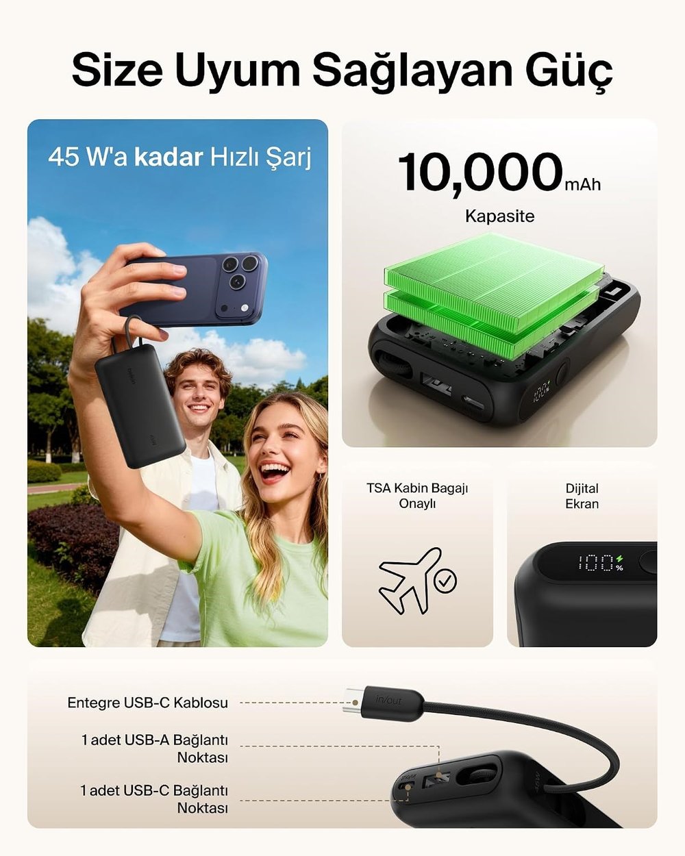 Belkin BPB029HQBK UltraCharge 10000mAh 45W Dahili USB-C Kablolu Dijital Göstergeli Powerbank - Siyah