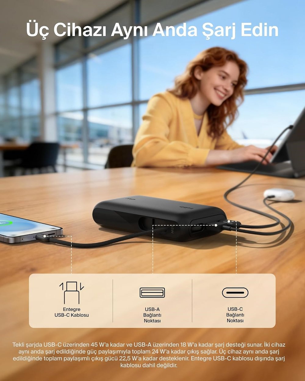 Belkin BPB029HQBK UltraCharge 10000mAh 45W Dahili USB-C Kablolu Dijital Göstergeli Powerbank - Siyah