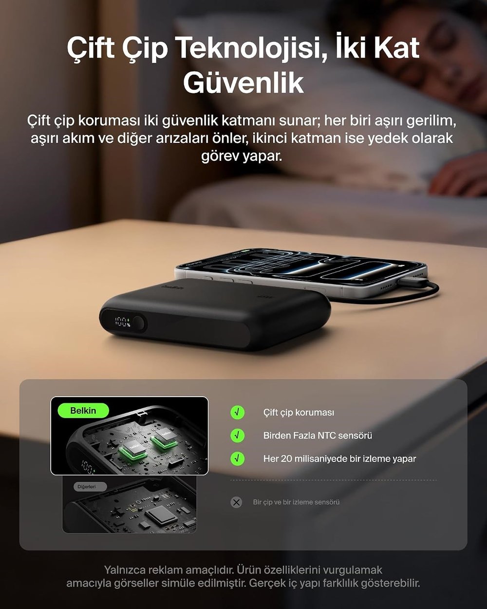 Belkin BPB029HQBK UltraCharge 10000mAh 45W Dahili USB-C Kablolu Dijital Göstergeli Powerbank - Siyah