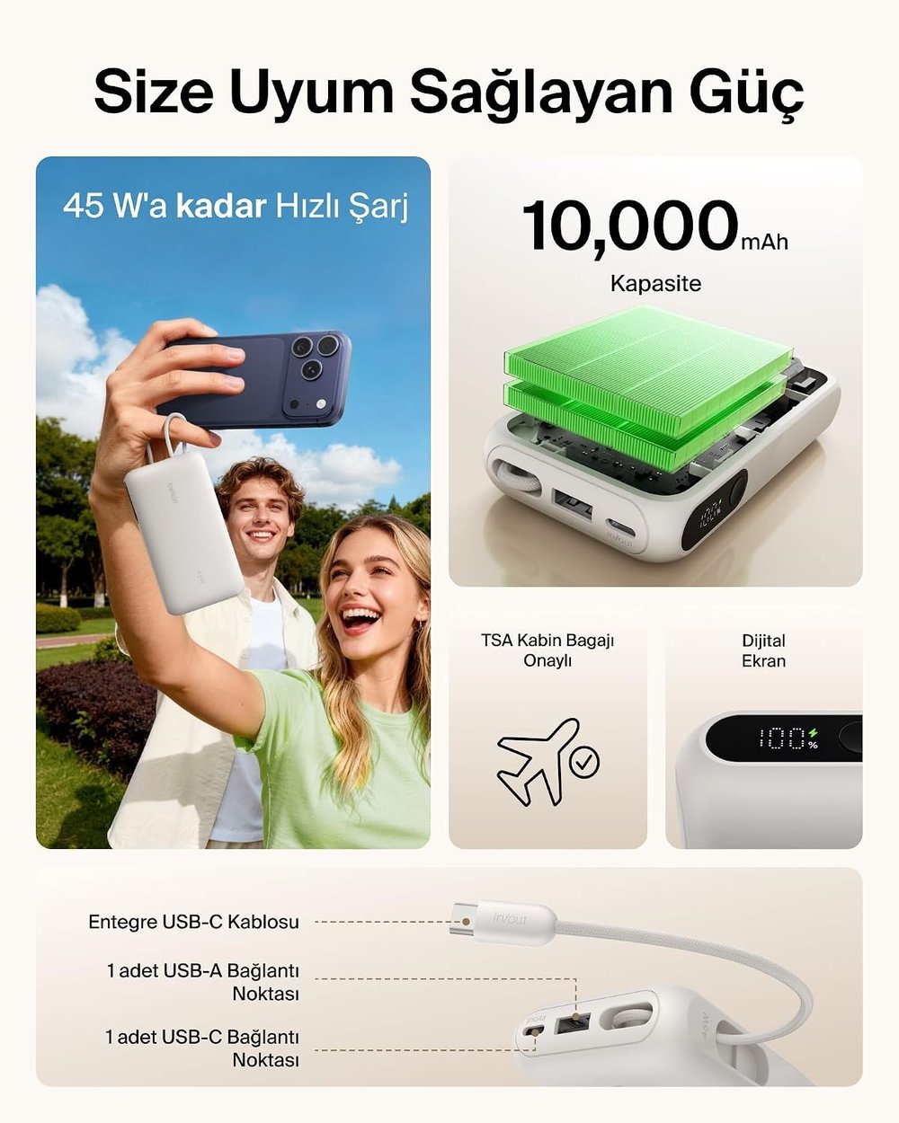 Belkin BPB029HQSA UltraCharge 10000mAh 45W Dahili USB-C Kablolu Dijital Göstergeli Powerbank - Kum Rengi