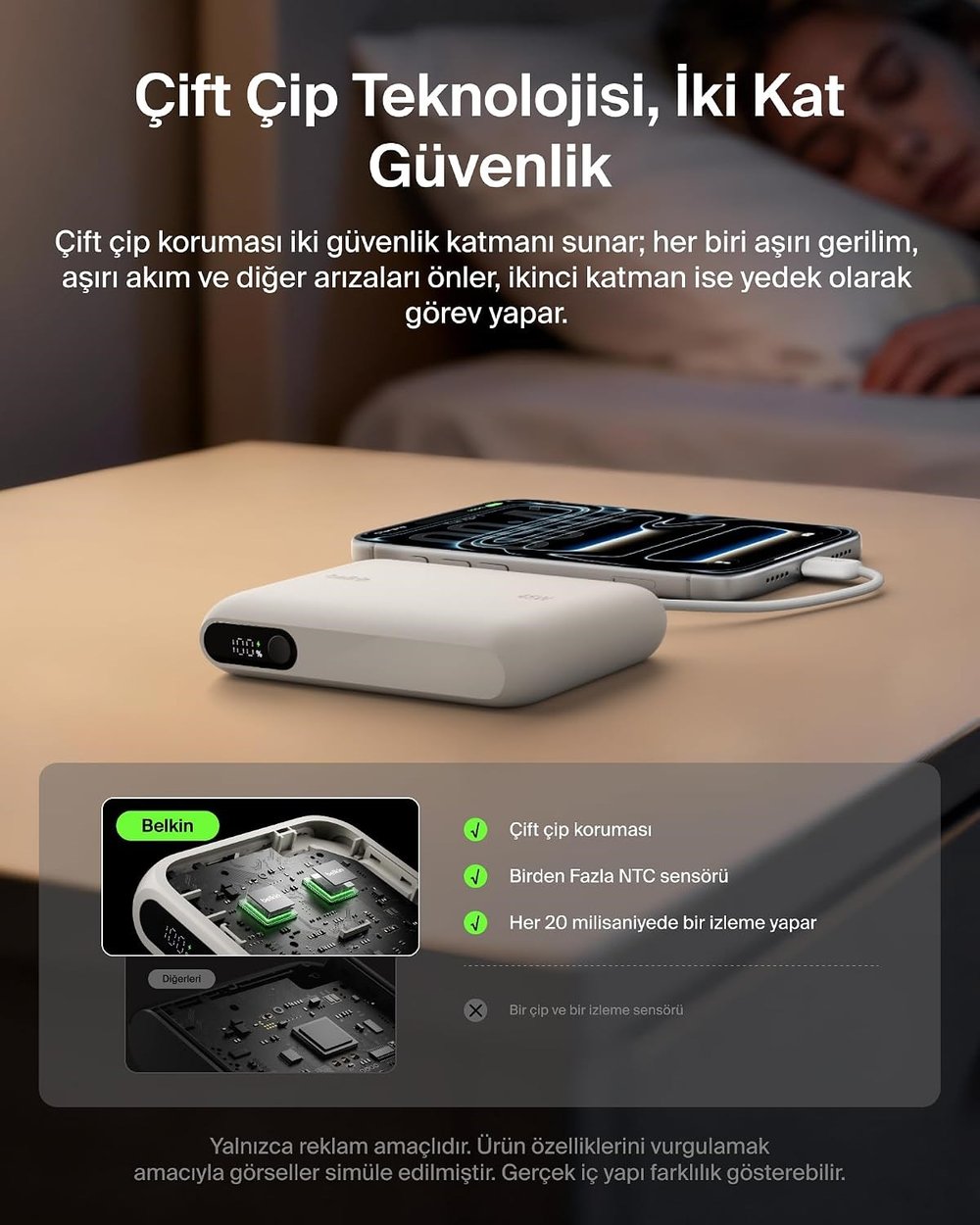 Belkin BPB029HQSA UltraCharge 10000mAh 45W Dahili USB-C Kablolu Dijital Göstergeli Powerbank - Kum Rengi