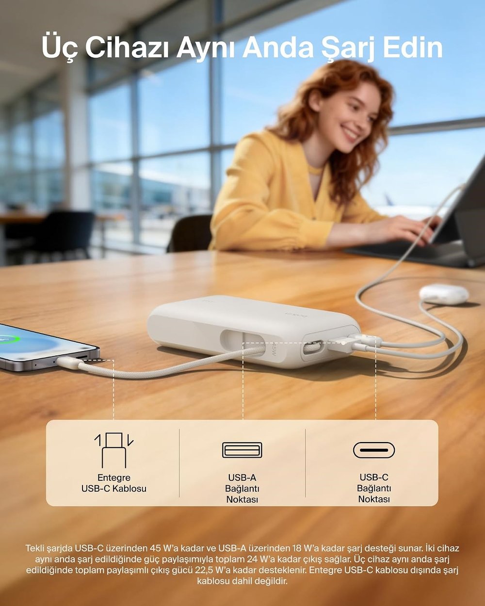 Belkin BPB029HQSA UltraCharge 10000mAh 45W Dahili USB-C Kablolu Dijital Göstergeli Powerbank - Kum Rengi
