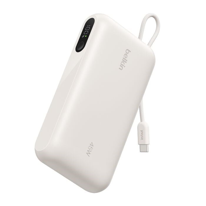 Belkin BPB030HQSA UltraCharge 20000mAh 45W Dahili USB-C Kablolu Dijital Göstergeli Powerbank - Kum Rengi