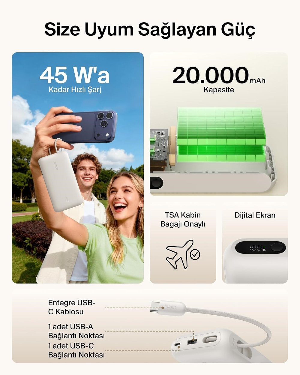 Belkin BPB030HQSA UltraCharge 20000mAh 45W Dahili USB-C Kablolu Dijital Göstergeli Powerbank - Kum Rengi