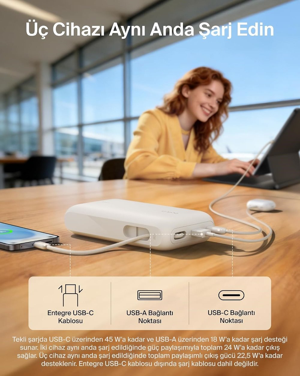 Belkin BPB030HQSA UltraCharge 20000mAh 45W Dahili USB-C Kablolu Dijital Göstergeli Powerbank - Kum Rengi