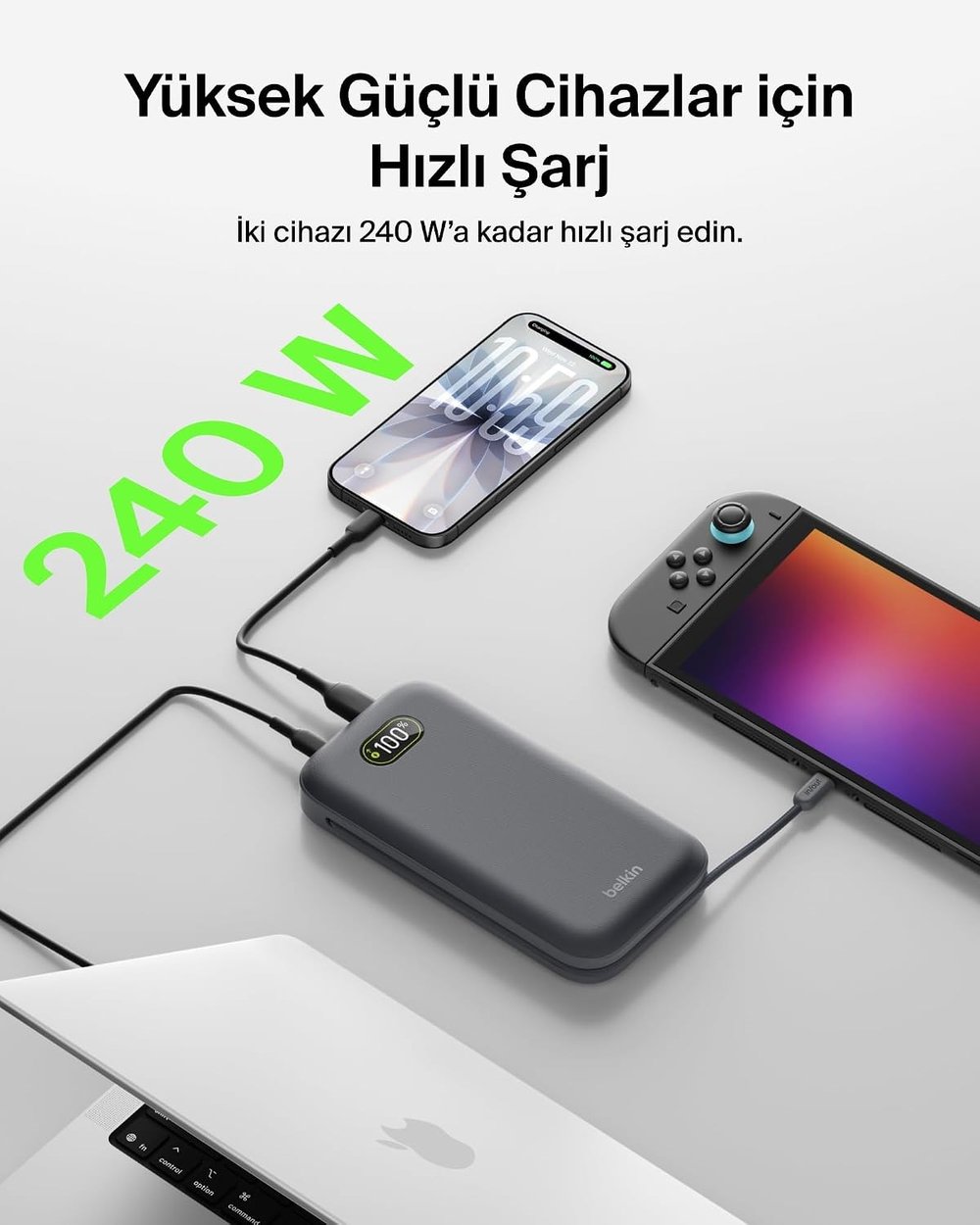 Belkin BPB040HQCH UltraCharge Pro 27.000mAh 240W Dahili USB-C Kablolu Dijital Göstergeli Laptop Powerbank - Antrasit