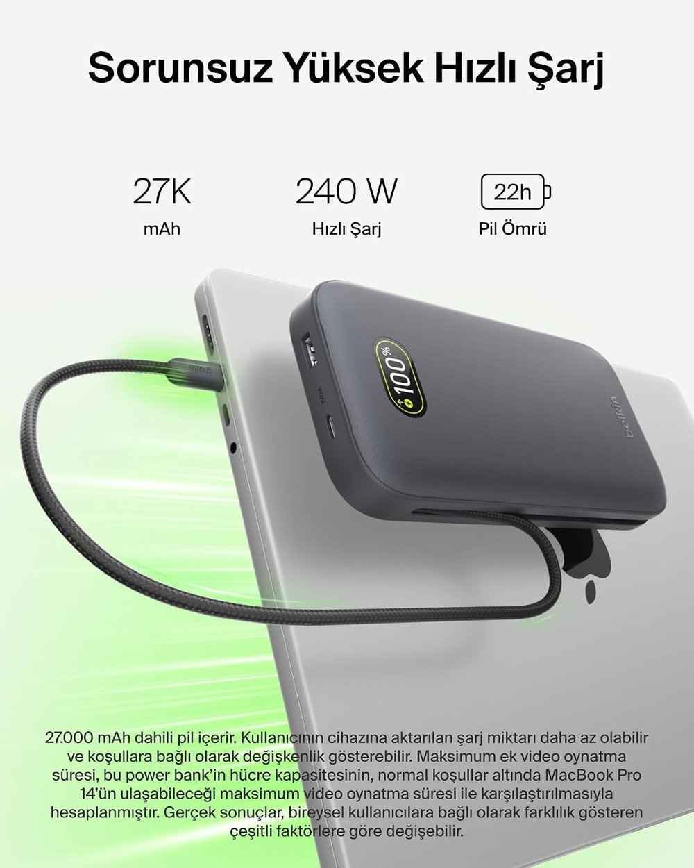 Belkin BPB040HQCH UltraCharge Pro 27.000mAh 240W Dahili USB-C Kablolu Dijital Göstergeli Laptop Powerbank - Antrasit