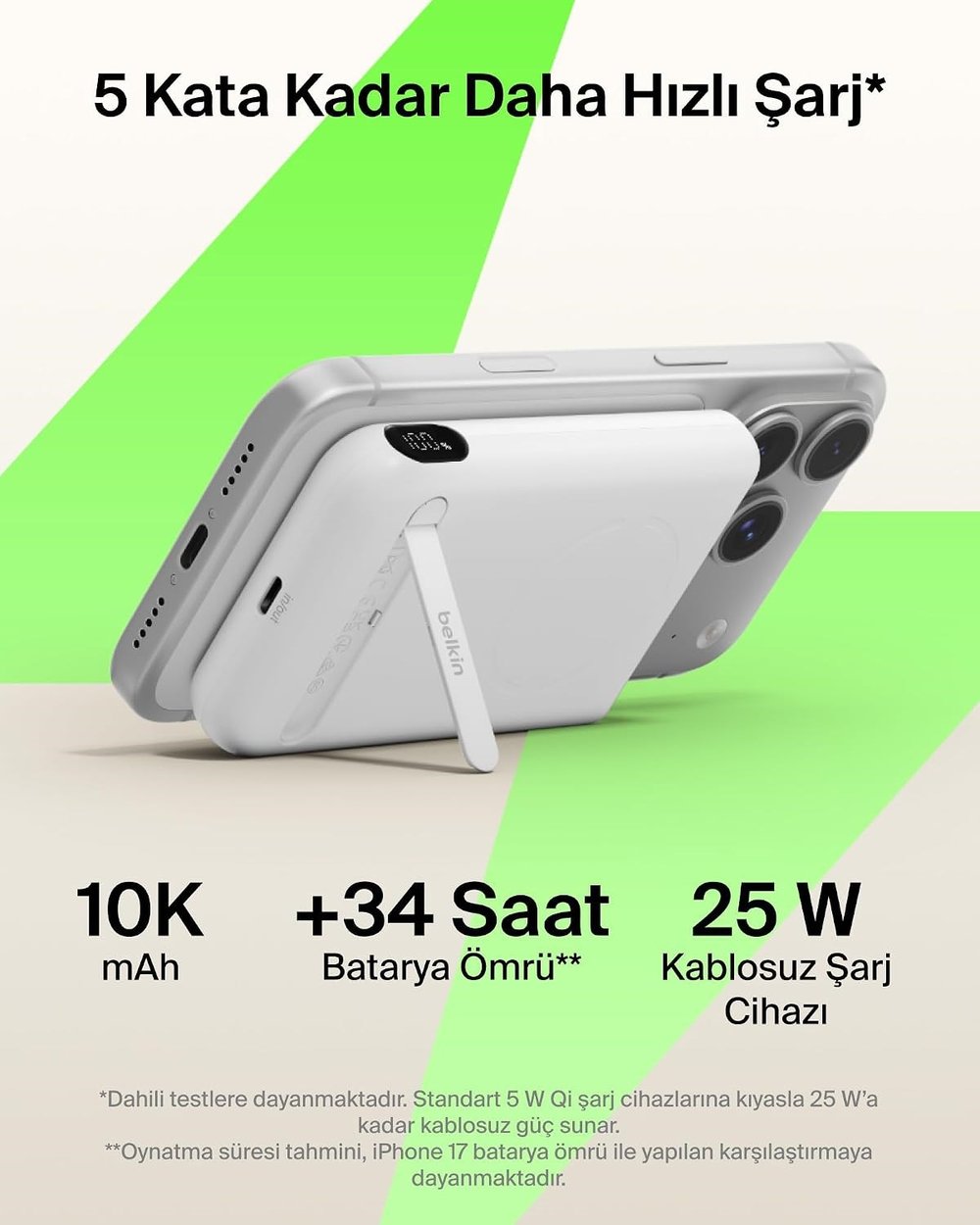Belkin BPD014HQWH UltraCharge Pro 10.000mAh Qi2 25W MagSafe Uyumlu Dijital Göstergeli Powerbank (30W USB-C) - Beyaz