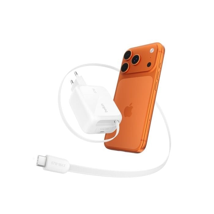 Belkin WCH022KQWH UltraCharge 67W GaN Geri Çekilebilir 1M USB-C Kablolu Hızlı Şarj Adaptörü - Beyaz