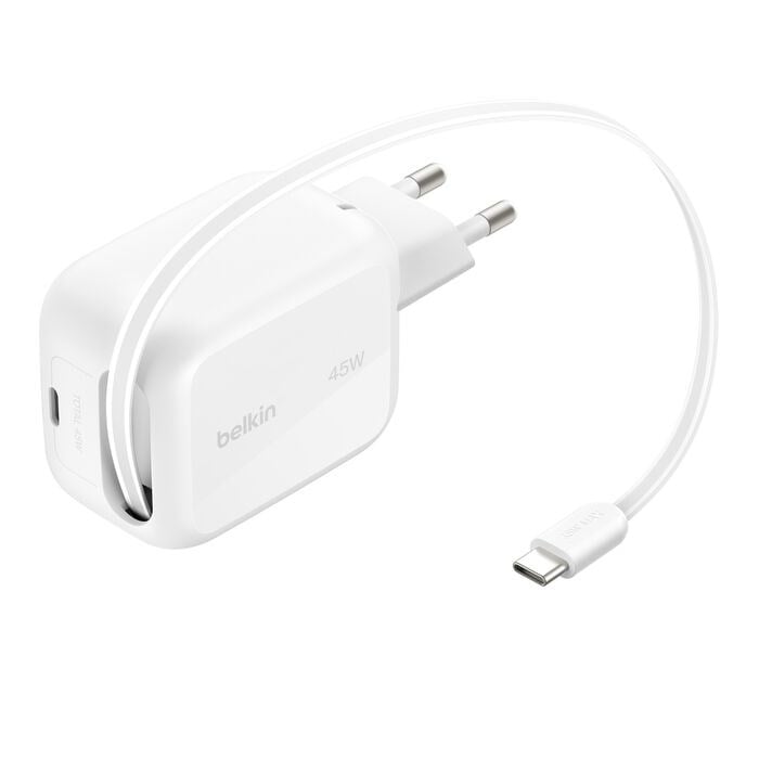 Belkin WCH023KQWH UltraCharge 45W GaN Geri Çekilebilir 80cm USB-C Kablolu Hızlı Şarj Adaptörü - Beyaz