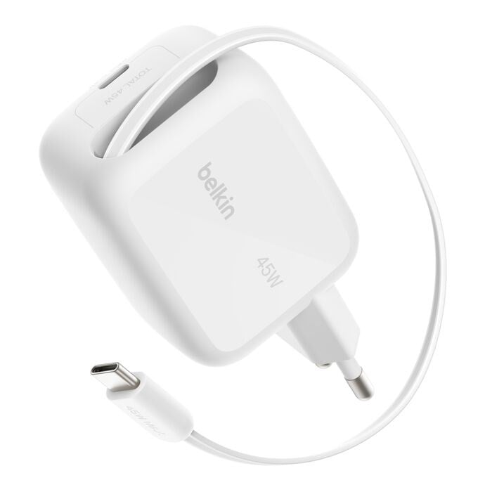 Belkin WCH023KQWH UltraCharge 45W GaN Geri Çekilebilir 80cm USB-C Kablolu Hızlı Şarj Adaptörü - Beyaz