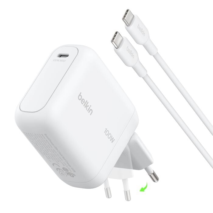 Belkin WCH025KQ1.5WHB6 BoostCharge 100W GaN USB-C Hızlı Şarj Adaptörü + 1.5 Metre USB-C Kablo - Beyaz