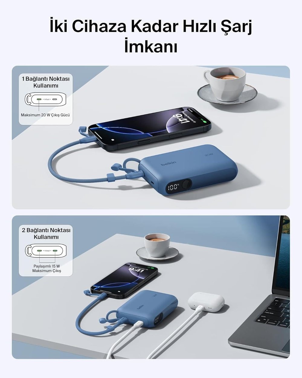 Belkin BPB027HQBL BoostCharge 10.000 mAh 20W USB-C Powerbank Dijital Göstergeli Taşınabilir Şarj Cihazı - Mavi