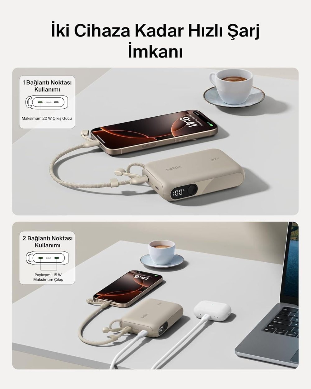 Belkin BPB027HQSD BoostCharge 10.000 mAh 20W USB-C Powerbank Dijital Göstergeli Taşınabilir Şarj Cihazı - Kum Rengi