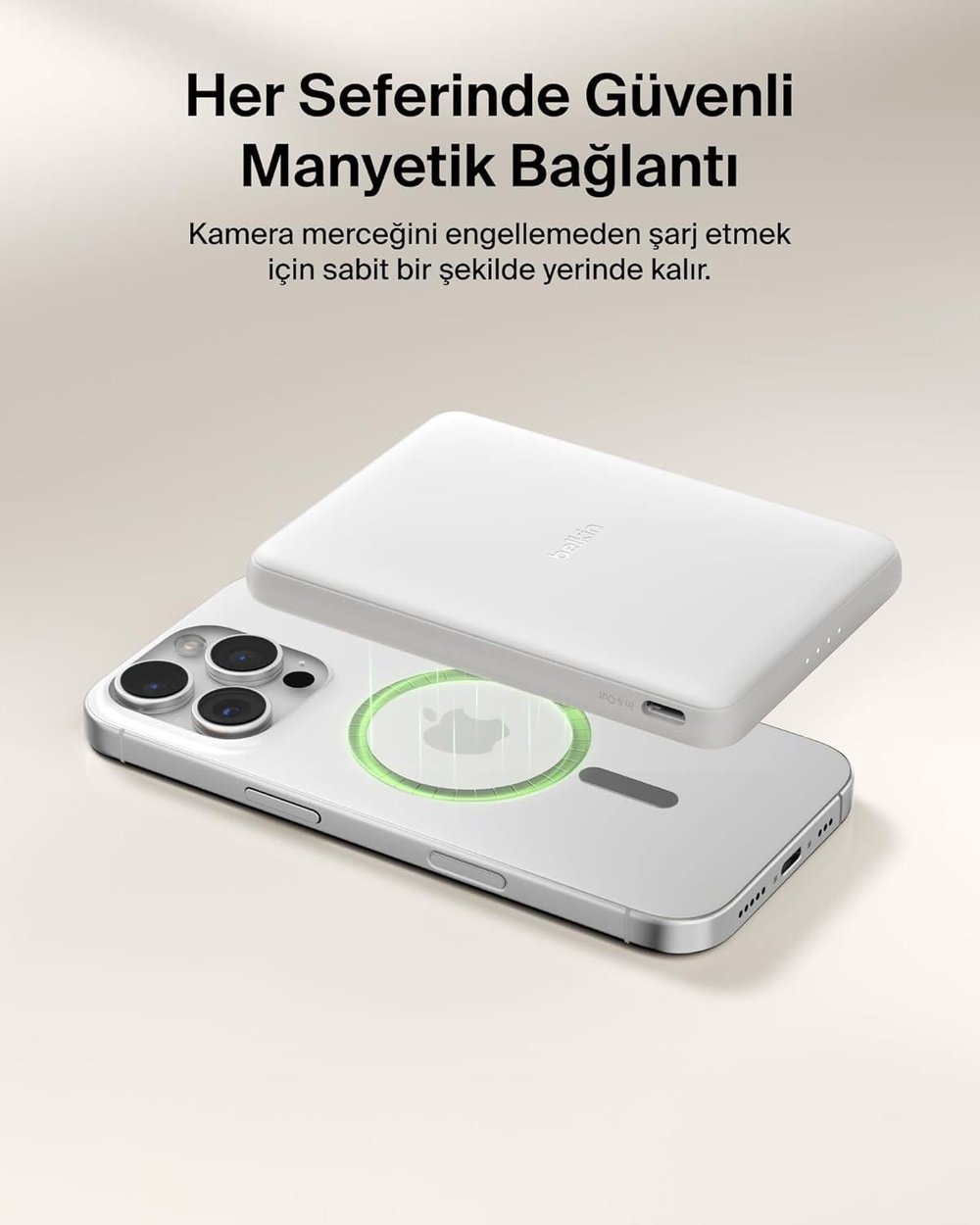 Belkin BPD010HQWH BoostCharge 5.000 mAh MagSafe Uyumlu 15W Kablosuz Slim Powerbank - Beyaz