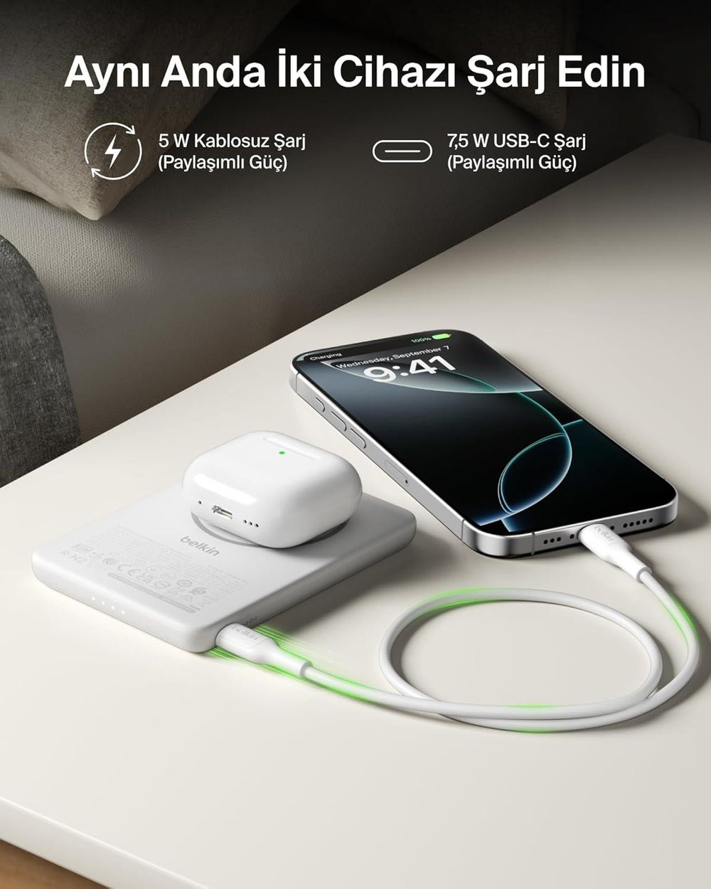 Belkin BPD010HQWH BoostCharge 5.000 mAh MagSafe Uyumlu 15W Kablosuz Slim Powerbank - Beyaz
