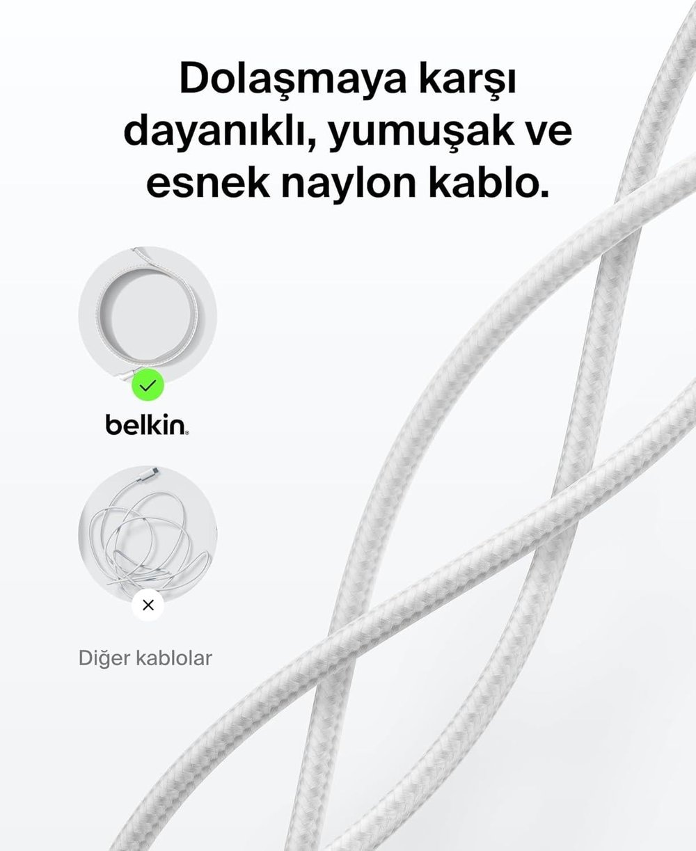 Belkin CAB025HQ1MWH BoostCharge Pro 240W USB-C to USB-C Örgülü 1M Hızlı Şarj Kablosu - Beyaz
