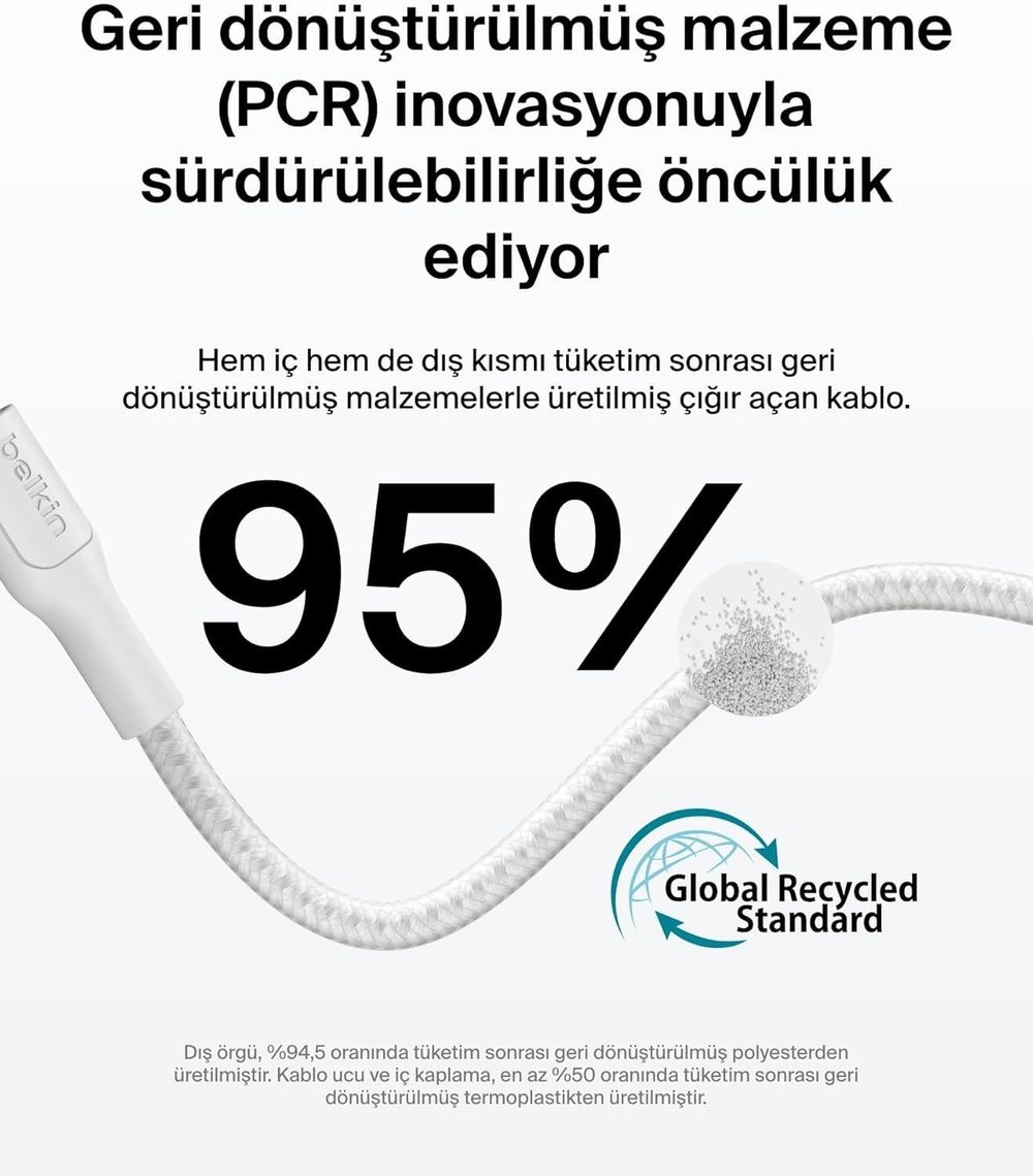 Belkin CAB025HQ1MWH BoostCharge Pro 240W USB-C to USB-C Örgülü 1M Hızlı Şarj Kablosu - Beyaz