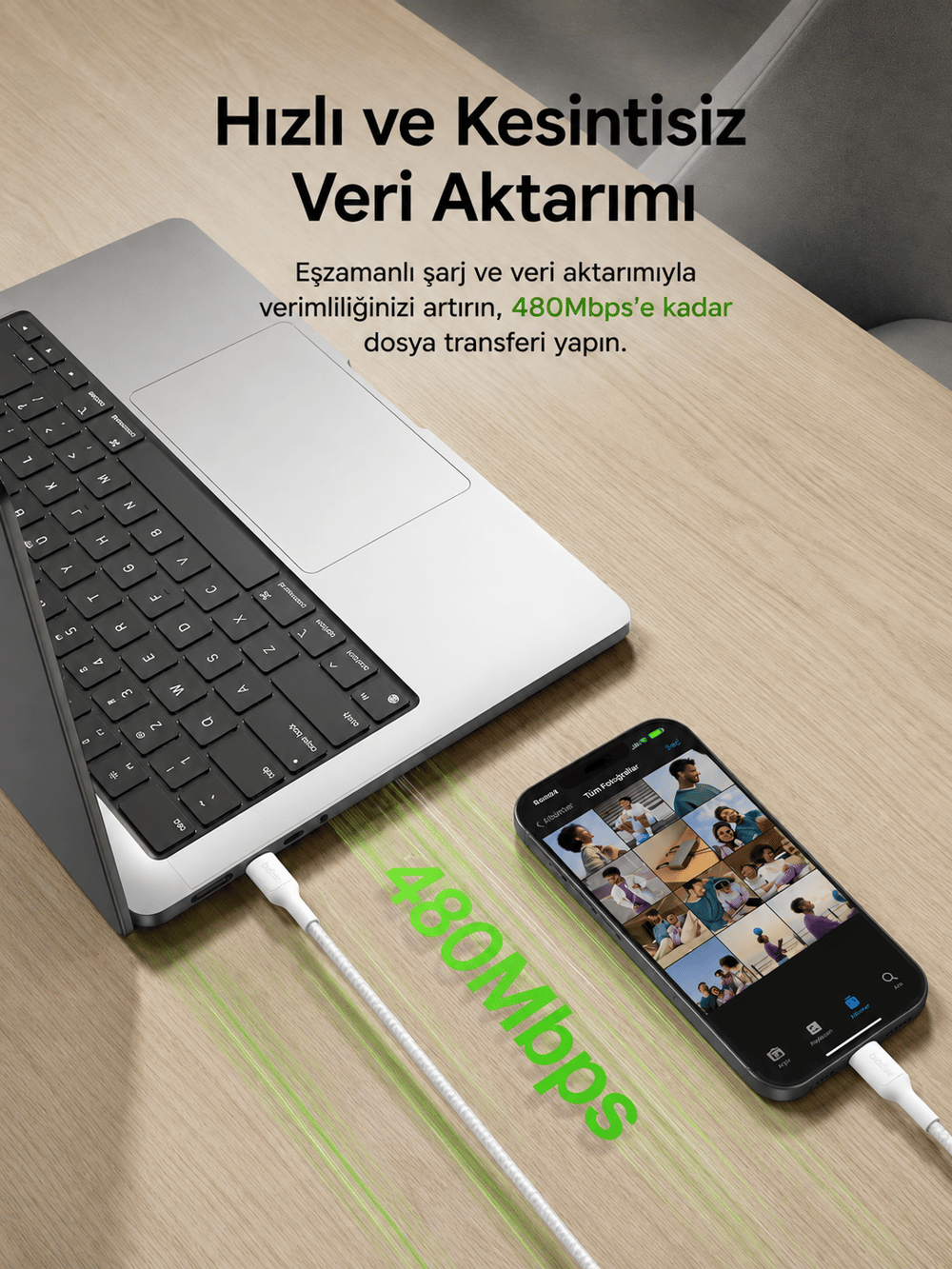 Belkin CAB025HQ3MWH BoostCharge Pro 240W USB-C to USB-C Örgülü 3 Metre Hızlı Şarj ve Data Kablosu – Beyaz