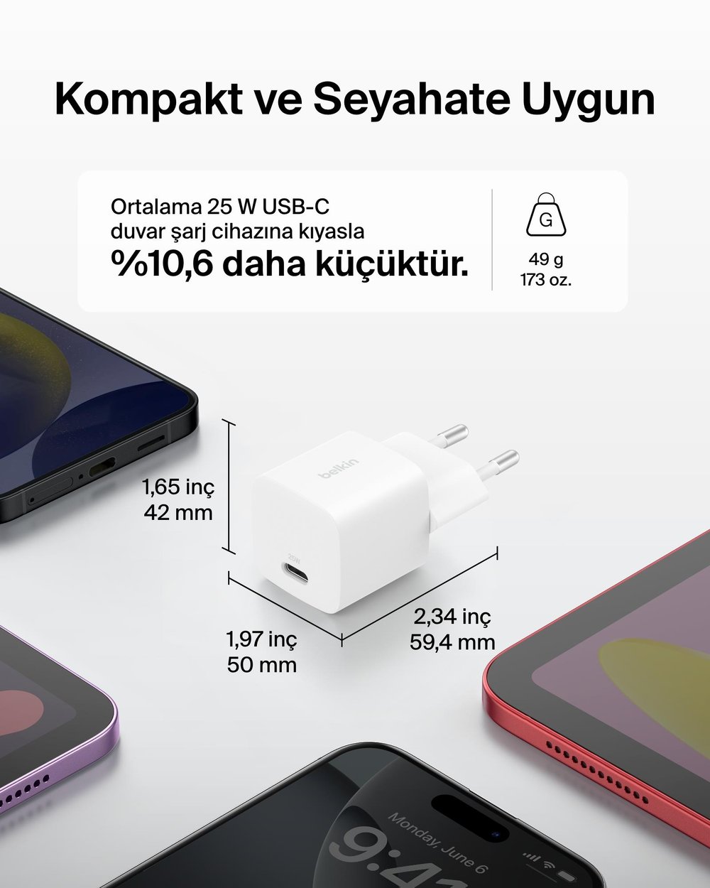 Belkin WCA012KQ1MWH-B6 BoostCharge 25W USB-C Hızlı Şarj Adaptörü + USB-C to USB-C Kablo 1M - Beyaz