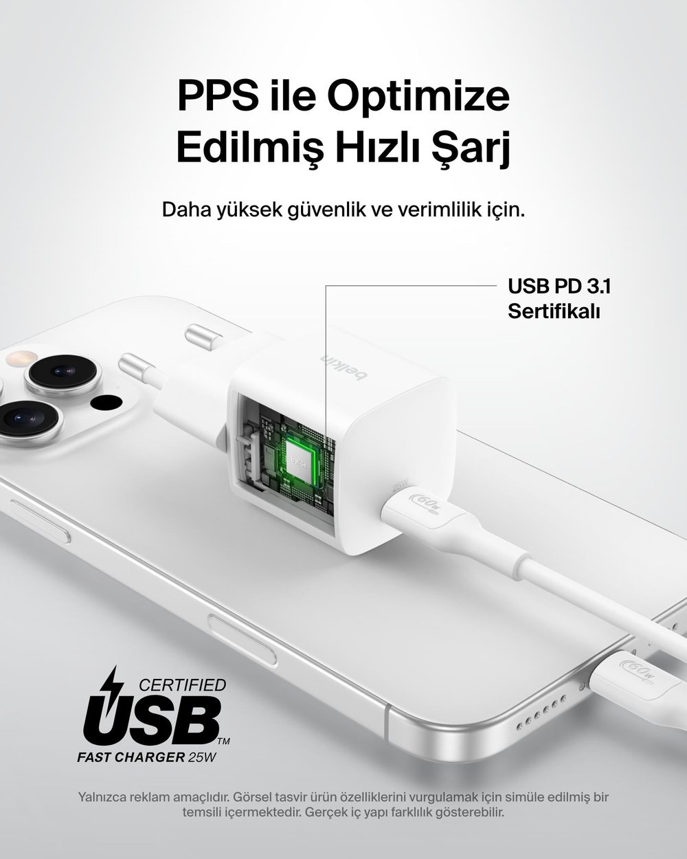 Belkin WCA012KQ1MWH-B6 BoostCharge 25W USB-C Hızlı Şarj Adaptörü + USB-C to USB-C Kablo 1M - Beyaz