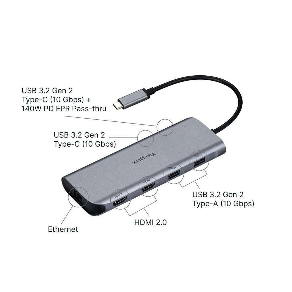 Targus Dock427GL 140W EPR 7-in-1 USB-C Dual HDMI 4K Çift Monitör Destekli Dock İstasyonu