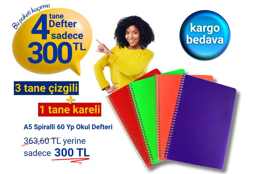 3 Çizgili 1 Kareli Defter A5 Spiralli Okul Seti - Kargo Bedava