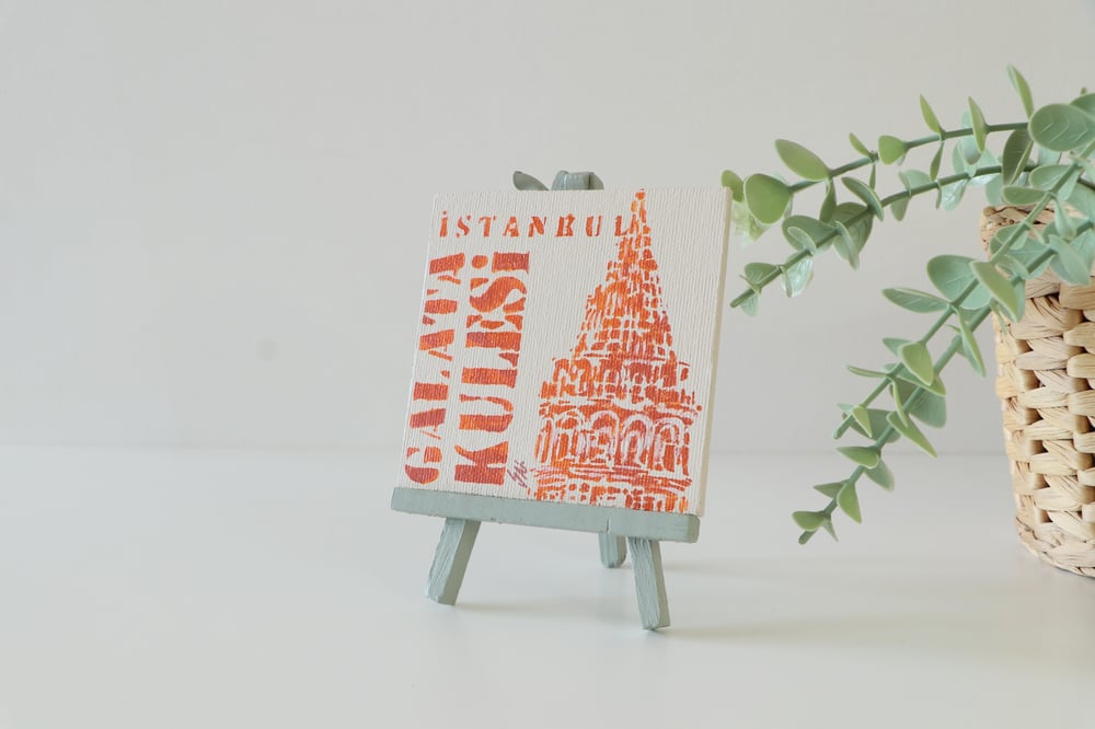 Duralit Üzerine Akrilik Boya Resim - 10cm x 10cm - Resim + Şövale Bir Arada - İstanbul Galata Kulesi Desen ve Yazılı