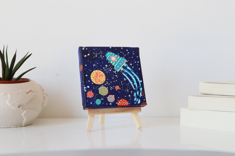Tuval Üzerine Akrilik Boya Resim - 10 cm x 10 cm - Resim + Şövale Bir Arada - Uzay Teması