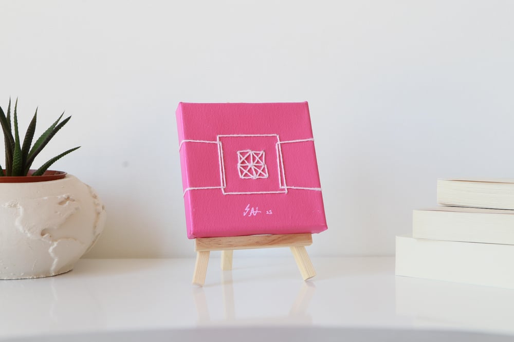 Tuval Üzerine Akrilik Boya Resim - 10 cm x 10 cm - Resim + Şövale Bir Arada - Pembe Soyut Teması