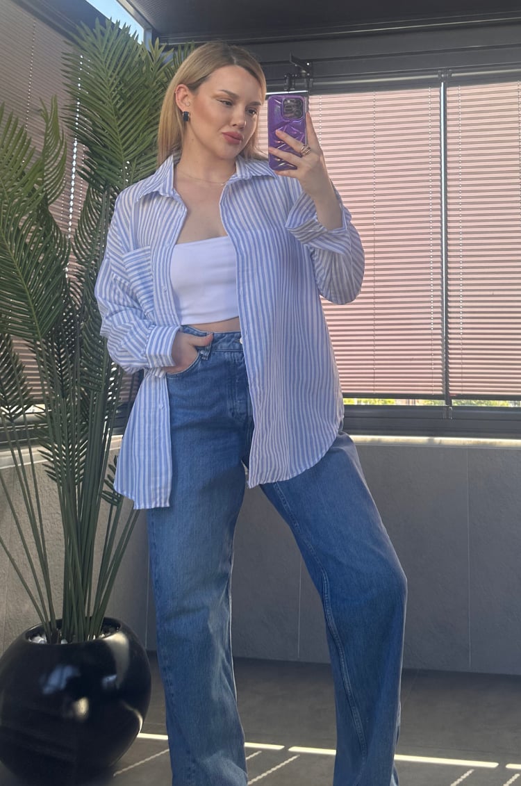 Açık Mavi Tek Cepli Çizgili Oversize Modal Keten Gömlek